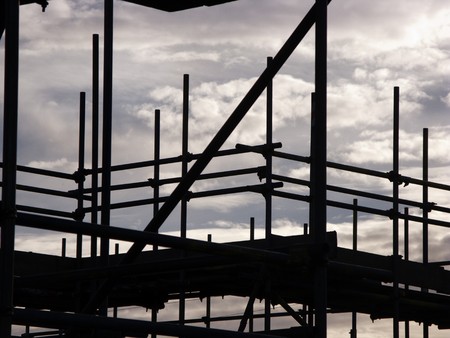 scaffolding againts a blue sky ready to buildの写真素材