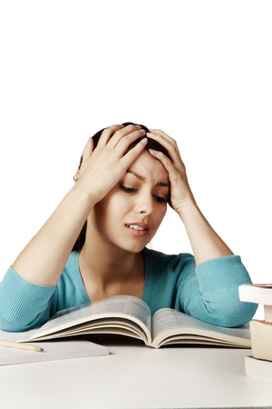 student looking at all her work and finding hard to do and understandの写真素材