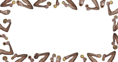 many hands holding different  cakes, cut out on white background の写真素材