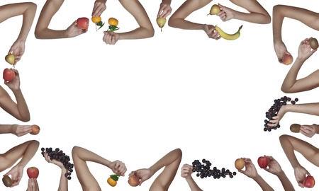 many hands holding different fruit, cut out on white background の写真素材
