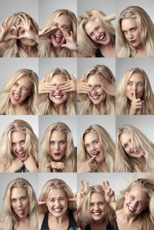 Close-up portrait of a beautiful young girl making funny faceの写真素材