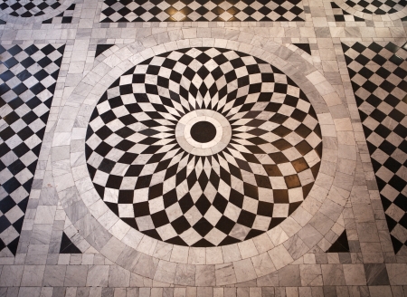 Circular mosaic black and white patterned floorの写真素材