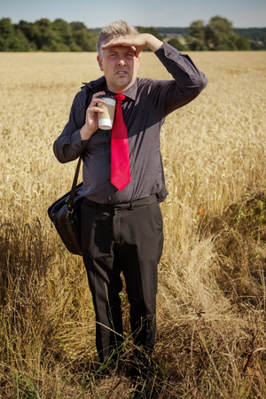 businessman standing in a field looking aroundの写真素材