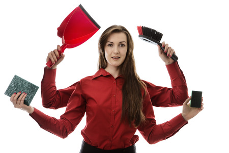 woman with many arms holding different objects in each hand to clean up withの写真素材