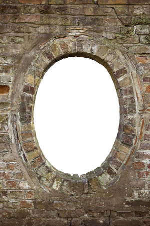 Round view hold made in a brick wall for a cut out on white.の写真素材