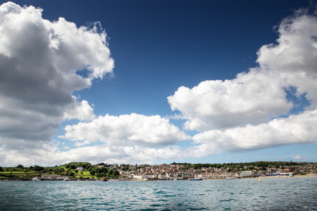 landscape shot of swanage bay in dorsetの写真素材