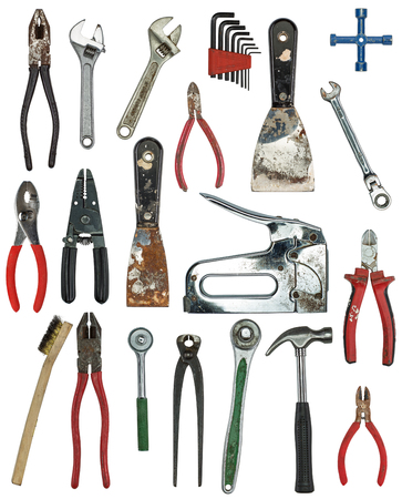 Assortment of many work tools on white backgroundの写真素材