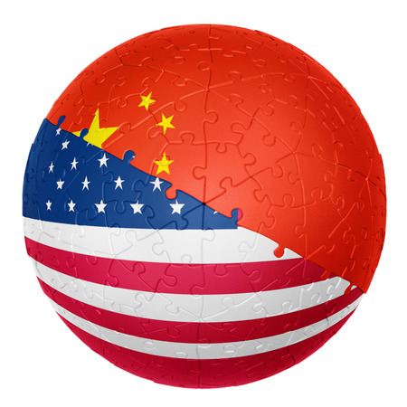 jigsaw ball one half is the China flag the other half is the USA flag 3D illusionsの写真素材