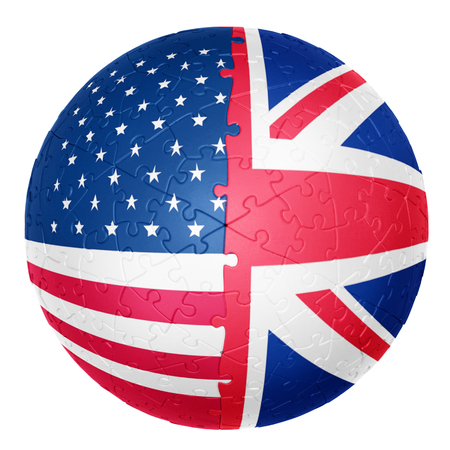 jigsaw ball one half is the USA flag the other half is the united kingdom flag 3D illusionsの写真素材