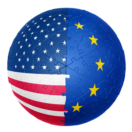 jigsaw ball one half is the USA flag the other half is the EU flag 3D illusionsの写真素材