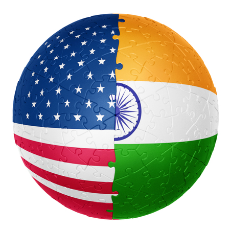 jigsaw ball one half is the USA flag the other half is the India flag 3D illusionsの写真素材