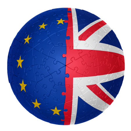 jigsaw ball one half is the EU flag the other half is the united kingdom flag 3d illusionsの写真素材