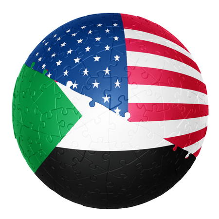 jigsaw ball one half is the Sudan flag the other half is the USA flag 3D illusionsの写真素材