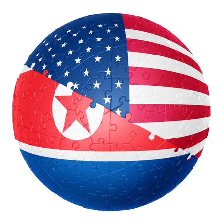 jigsaw ball one half is the North Korea flag the other half is the USA flag 3D illusionsの写真素材