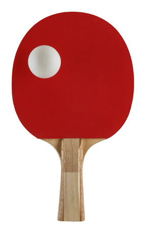 single tablet tennis bat cut out on white background with one ballの写真素材