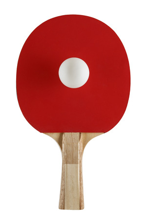 single tablet tennis bat cut out on white background with one ballの写真素材