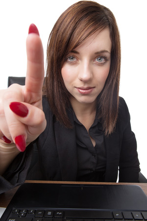 close up shot of business woman working on her computer touching computer screen, point of view from monitorの写真素材