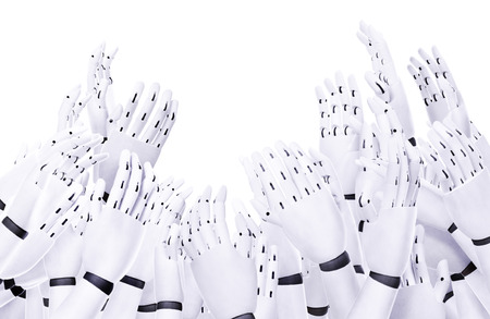 cut out of many robot handsreaching up in the air trying to grab somethingの写真素材