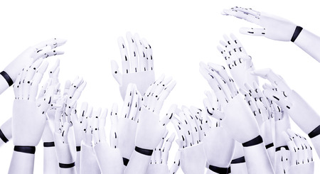 cut out of many robot hands reaching up in the air trying to grab somethingの写真素材