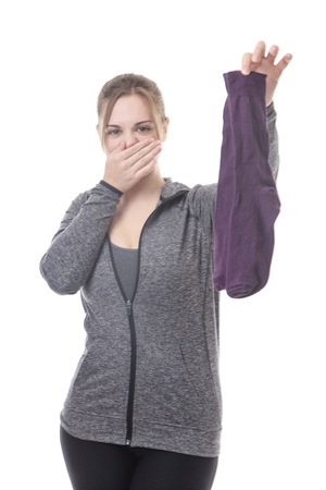 fitness model hold up smelly socksの写真素材