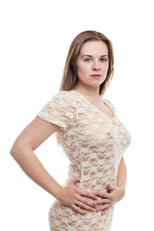woman wearing a lace dress with mo underwear on の写真素材