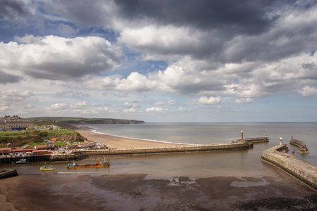 Looking down at whitby, seaside town in Yorkshire, northern Englandの写真素材