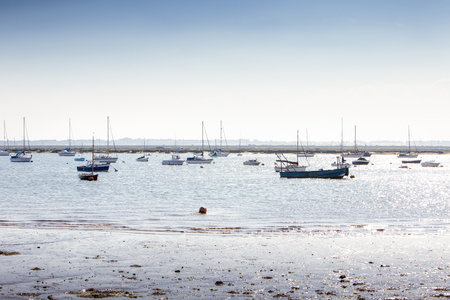 landscape image of boats on the sea taken from west mersea in essex englandの写真素材