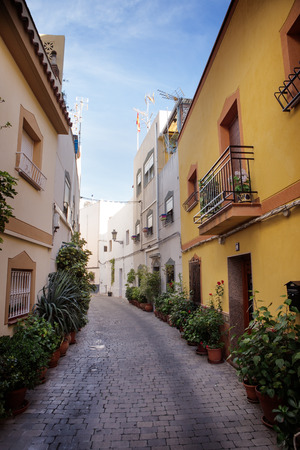 street and houses of old town in almunecar province of Granada in spainのeditorial素材