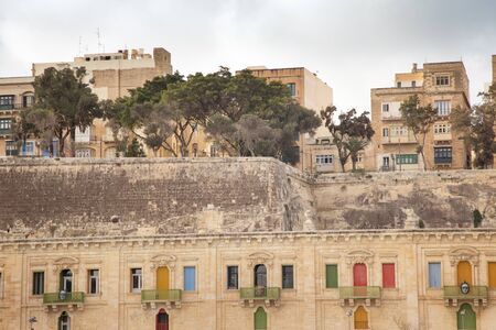 building and architecture of  the side streets of Valletta the capital city of maltaの写真素材