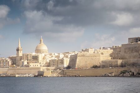 looking across the harbour at valletta capital city of maltaの写真素材