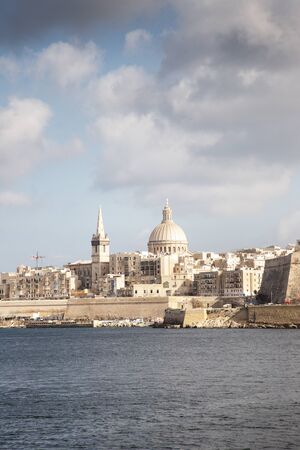 looking across the harbour at valletta capital city of maltaの写真素材