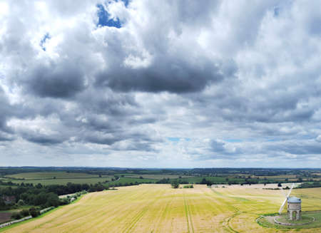 aerial view of Chesterton Windmill a 17th century windmill with a unusual stone tower an arched base windmill in Warwickshire englandの写真素材