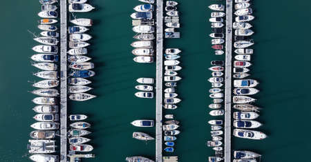 birds eye view of boats in a  marina in spainの写真素材