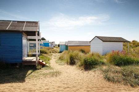 beach huts along the costline of Hunstanton in englandの写真素材