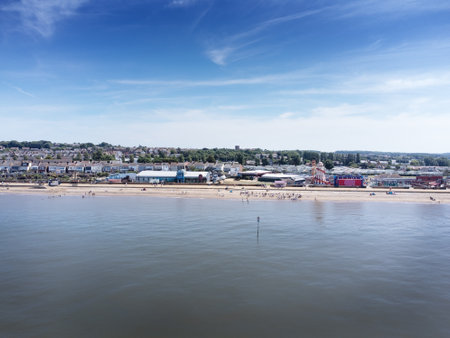 aerial view above the sea looking at the sea side town of Hunstanton in norfolkの写真素材