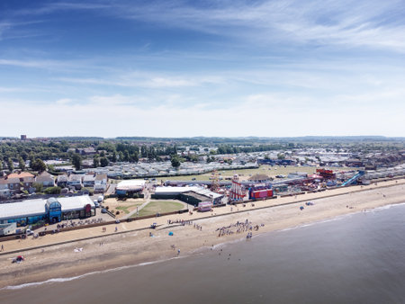 aerial view above the sea looking at the sea side town of Hunstanton in norfolkの写真素材
