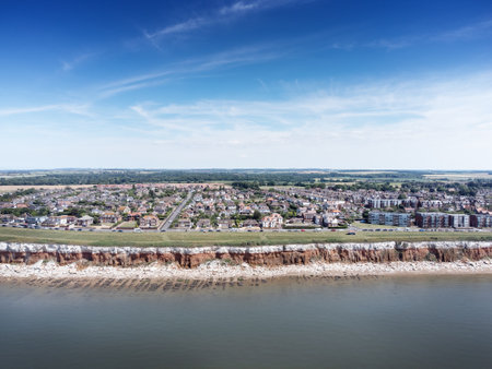 aerial view above the sea looking at the sea side town of Hunstanton in norfolkの写真素材