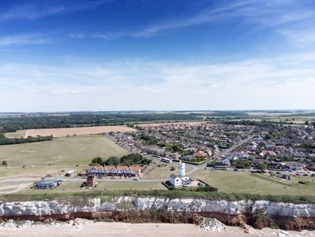 aerial view above the sea looking at the sea side town of Hunstanton in norfolkの写真素材
