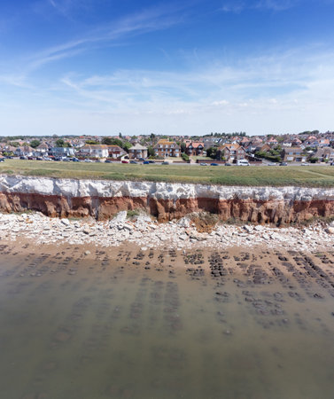 aerial view above the sea looking at the sea side town of Hunstanton in norfolkの写真素材