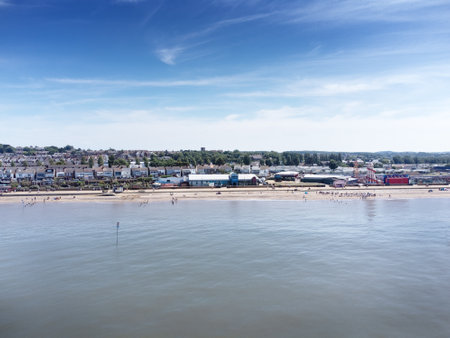 aerial view above the sea looking at the sea side town of Hunstanton in norfolkの写真素材