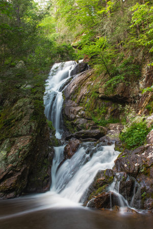 Waterfall with a silky look due to the long exposure time. Lots of green. High saturation. Raised shadows.の写真素材