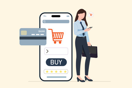 Online shopping.A woman in business attire is shopping online. She is adding products to her cart on a website. She is paying with a credit card. technology vector illustration.のイラスト素材