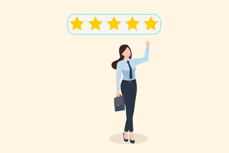 Customer service and Satisfaction, business Woman hand showing on five star, ,business woman giving Feedback satisfaction, five stars Positive Review. business vector illustration.のイラスト素材
