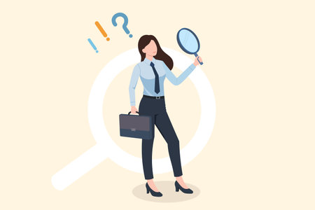 business woman holding magnifying glass observe data with question mark , investigate, Observation, examination, Business Forecasting, search for new opportunity, business vectorのイラスト素材