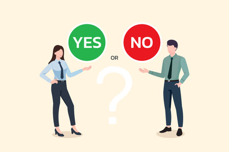 Business decision yes or no,right or wrong,true or false, correct and incorrect, businessman and businesswoman making decision. Vector illustration.のイラスト素材