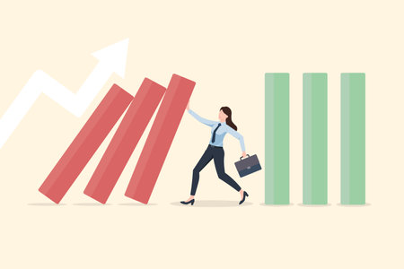 Protection or defensive, leader businesswoman use her hand to stop domino fall, Crisis management, leadership, Business vector illustration concept.のイラスト素材