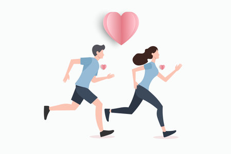 Cute couple in love running exercise with hearts floating, falling in love,love sharing, sweetheart, lover in actions of happiness, on white background. Vector illustration.のイラスト素材