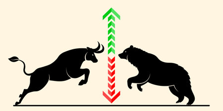investment consept, Silhouette of Bull or bullish and bear or bearish in the stock market, Cryptocurrency, trend, vector illustration.のイラスト素材