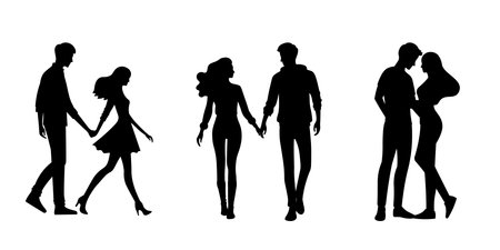 A set of silhouettes of a male and female couple in love on white background. love Vector illustration.のイラスト素材