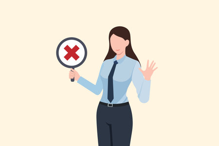 verification and approval of the business choice. business woman showing wrong marks. symbol icon red Rejected button. business vector illustration.のイラスト素材